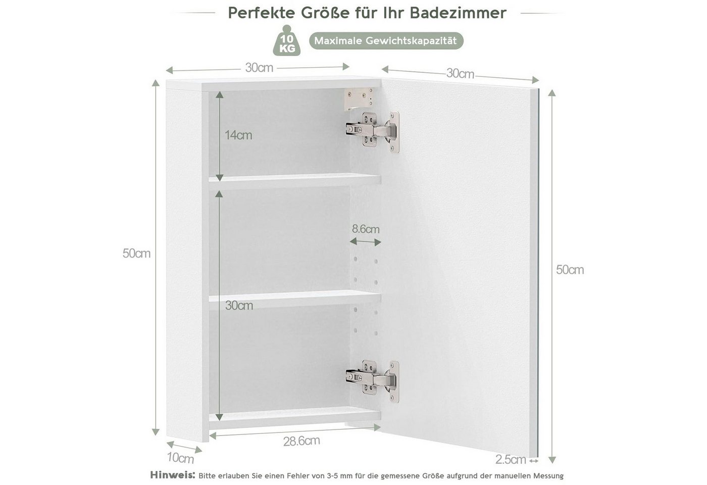 ToteBox Badezimmerspiegelschrank mit verstellbarem Einlegeboden, Weiß 40 x 60 x 12 cm Bild 5