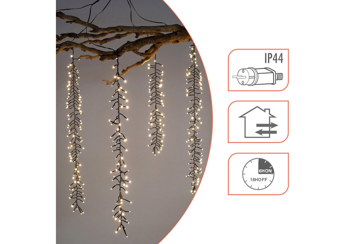 Spetebo Lichterkette Kaskaden Büschel Lichterkette warm weiß mit 6 Strängen - 480 LED, Lichtervorhang mit 8 Leuchtmodi für Außen mit Timer