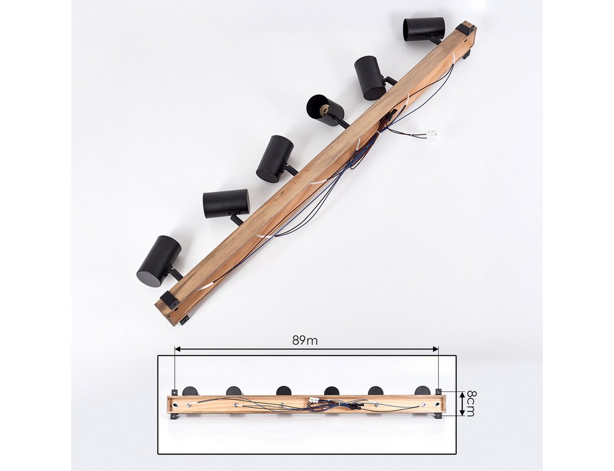 hofstein Deckenleuchte Deckenlampe aus Metall/Holz in Schwarz/Naturfarben, ohne Leuchtmittel, Leuchte im Industrial/Vintage-Design m. verstellbaren Schirmen, 6xGU10