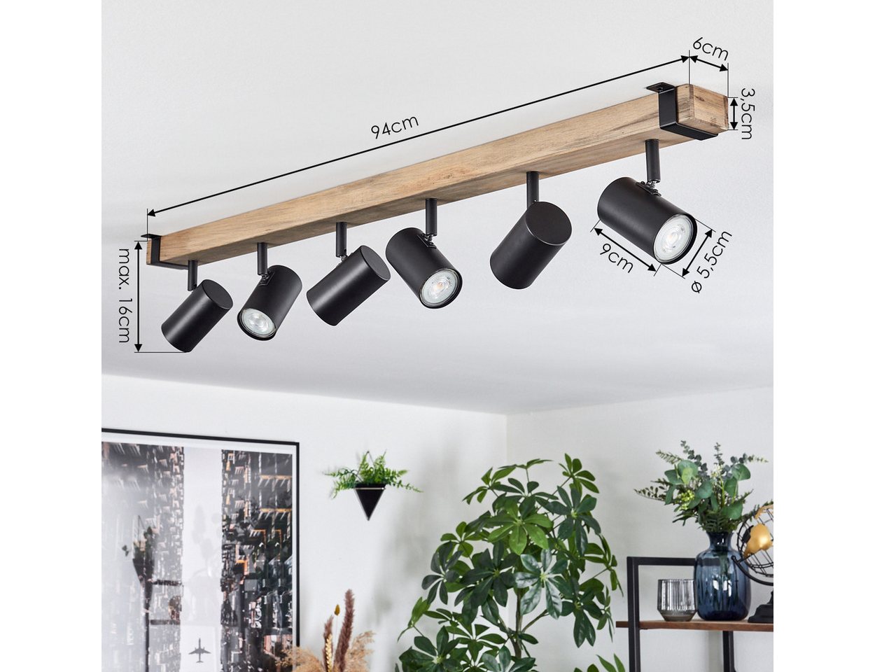 hofstein Deckenleuchte Deckenlampe aus Metall/Holz in Schwarz/Naturfarben, ohne Leuchtmittel, Leuchte im Industrial/Vintage-Design m. verstellbaren Schirmen, 6xGU10 Bild 3
