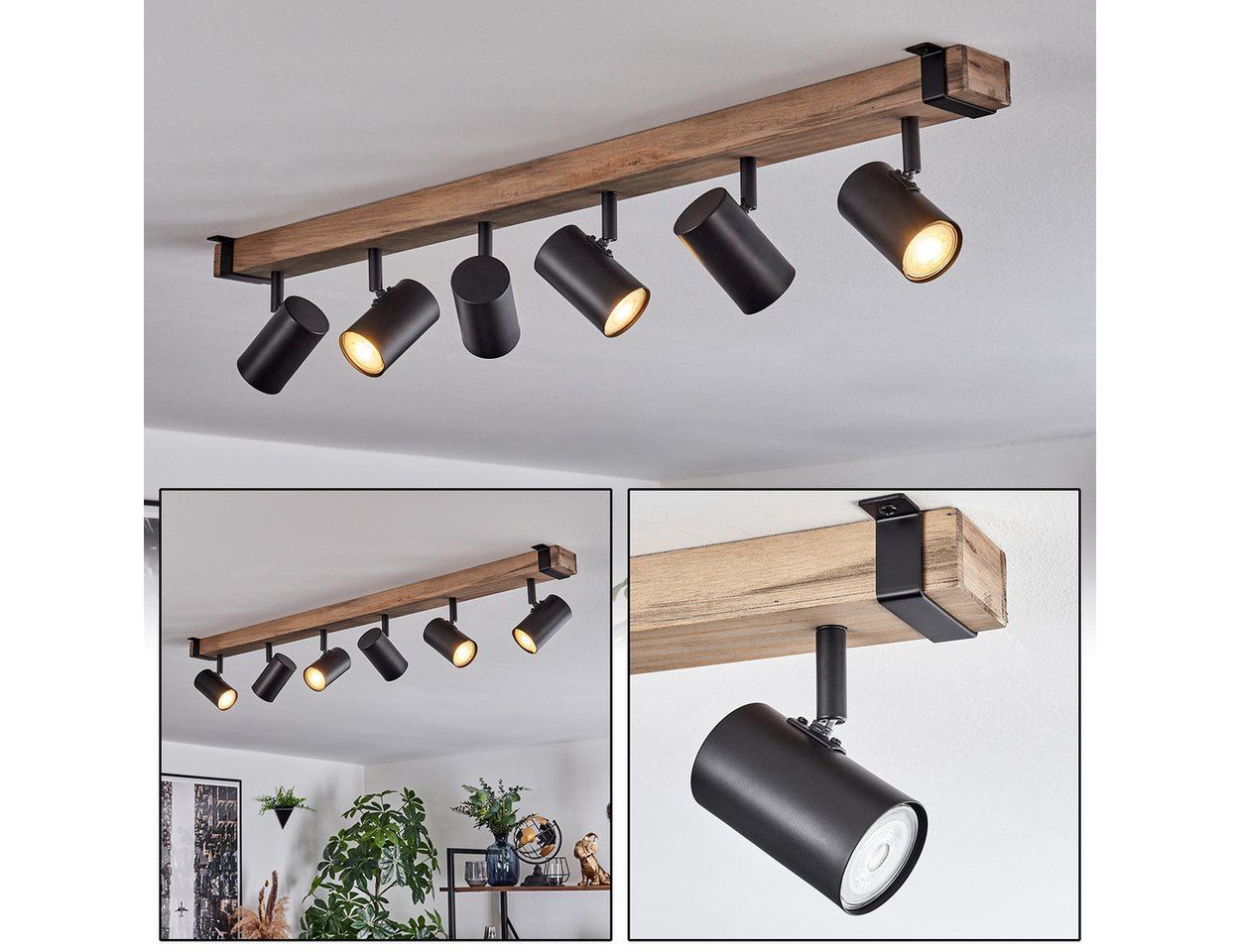 hofstein Deckenleuchte Deckenlampe aus Metall/Holz in Schwarz/Naturfarben, ohne Leuchtmittel, Leuchte im Industrial/Vintage-Design m. verstellbaren Schirmen, 6xGU10 Bild 4