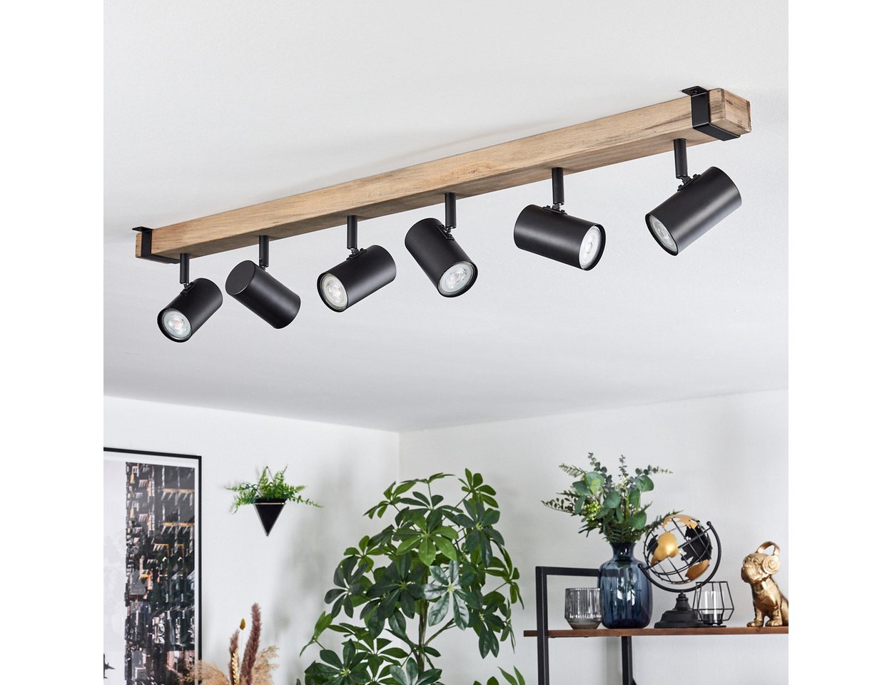 hofstein Deckenleuchte Deckenlampe aus Metall/Holz in Schwarz/Naturfarben, ohne Leuchtmittel, Leuchte im Industrial/Vintage-Design m. verstellbaren Schirmen, 6xGU10 Bild 5