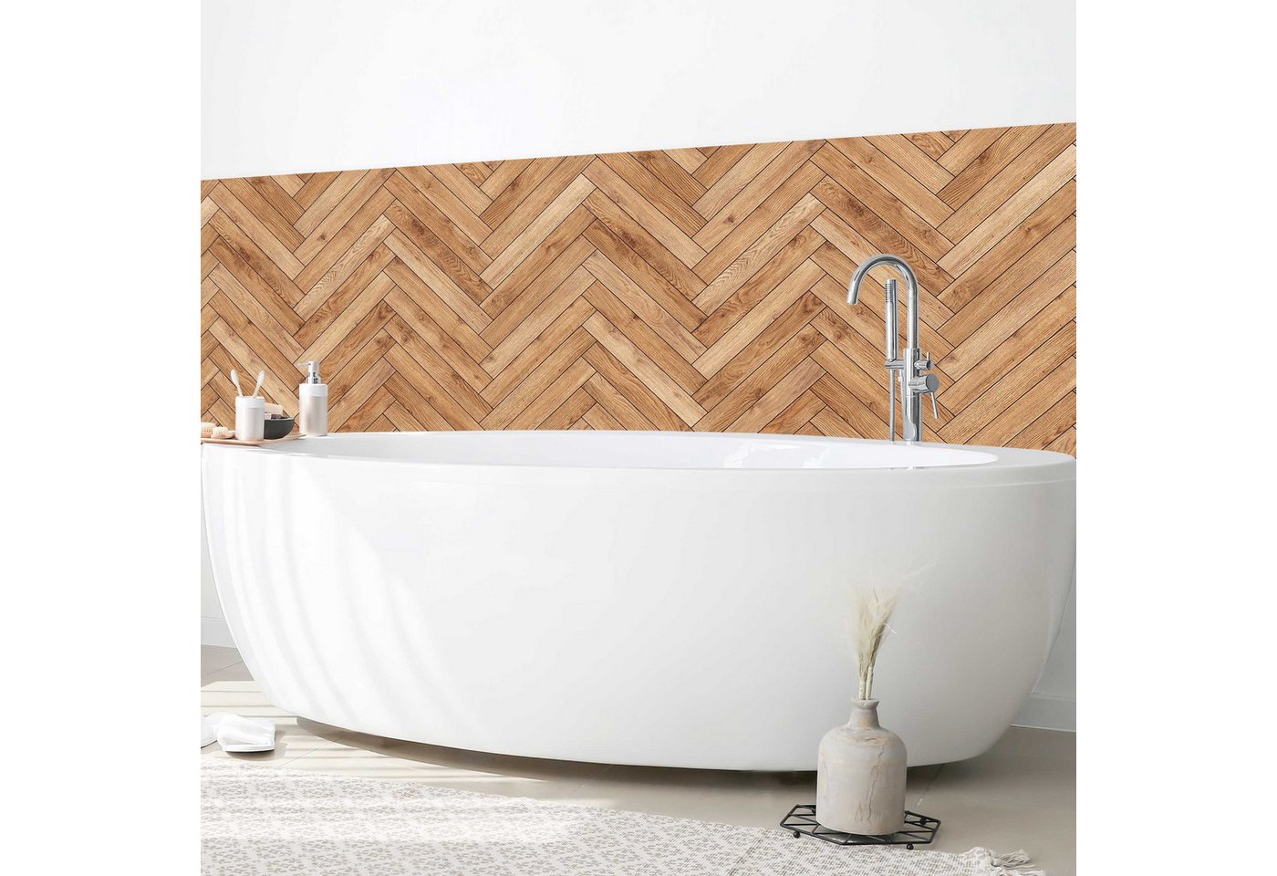 Bilderdepot24 Badrückwand braun fugenlose Wandverkleidung Bad mit Motiv, (Hartfolie matt » Selbstklebend SMART 0,35 mm), wasserfestes Wandpaneel Fischgräten Fliesen Holz Bild 3