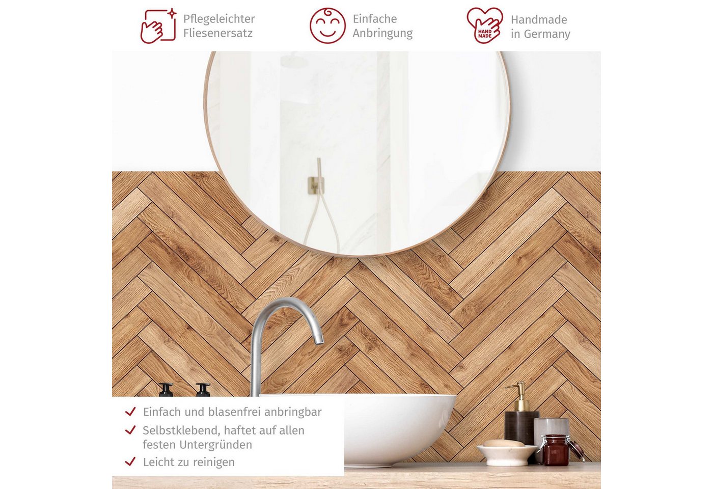 Bilderdepot24 Badrückwand braun fugenlose Wandverkleidung Bad mit Motiv, (Hartfolie matt » Selbstklebend SMART 0,35 mm), wasserfestes Wandpaneel Fischgräten Fliesen Holz Bild 4