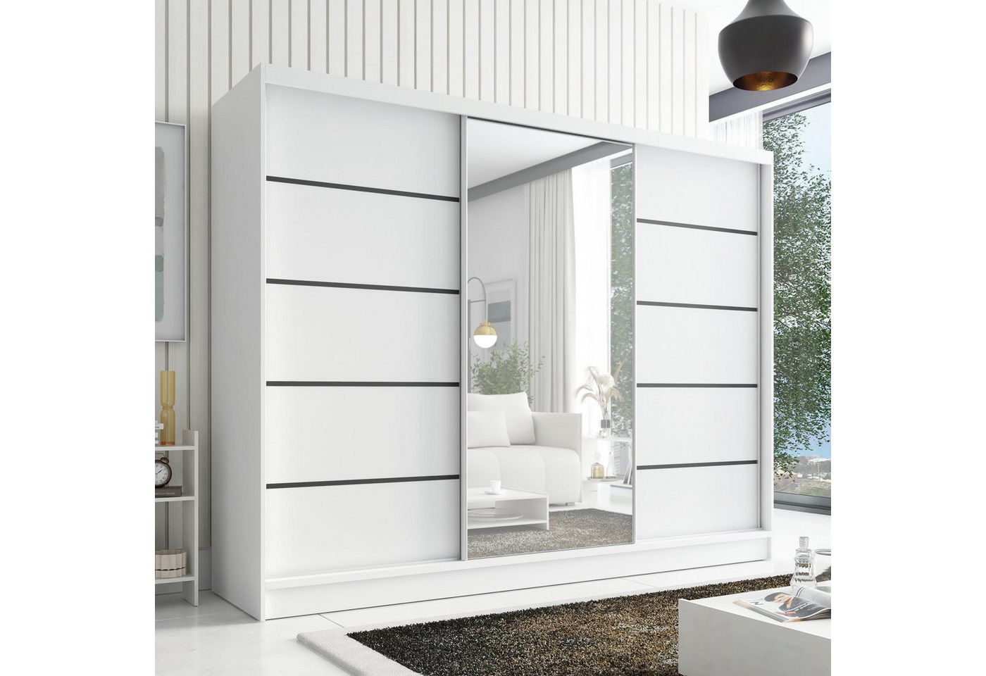 A&J MöbelLand GmbH Schiebetürenschrank ARIVA2 3-türiger Kleiderschrank mit Spiegel, und Kleiderstangen (TOP ANGEBOT! Geräumiger Schrank mit einer Breite von 200 cm und Spiegel, ideal zur Aufbewahrung von Kleidung und Accessoires. 3 Schubladen und viel Stauraum. TOP PRODUKT! Wählen Sie das ideale Modell für Ihr Schlafzimmer!, Viel Stauraum) Breite: 200 cm, Höhe: 215 cm, Tiefe: 59,5 cm Bild 5