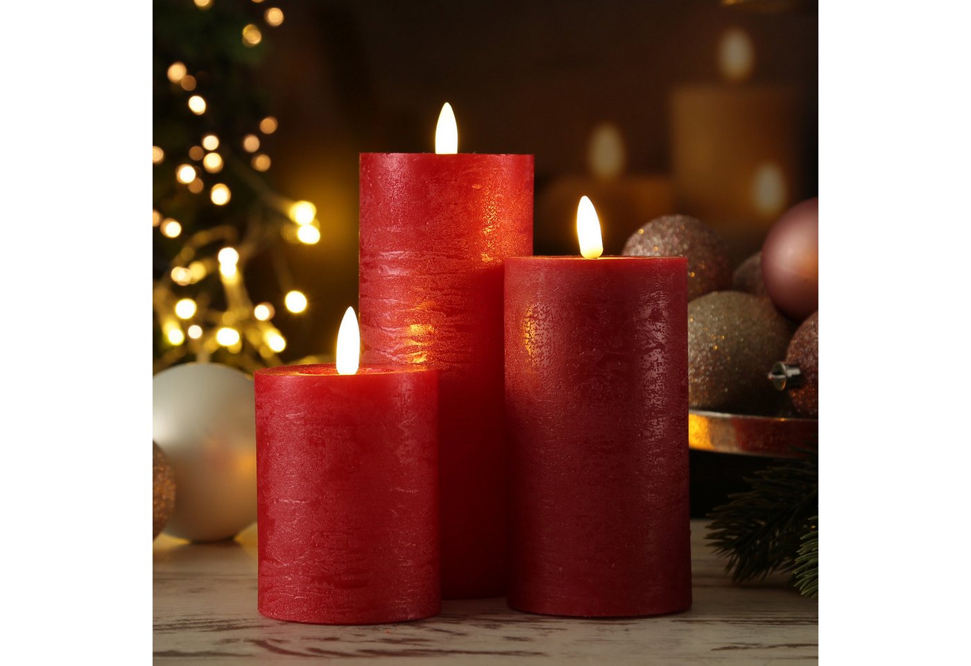 Adilina LED-Kerze Kerzenset LINA Rustik Optik für Adventskranz 3 Größen Timer rot 3St, LED Classic, warmweiß (2100K bis 3000K) Bild 2