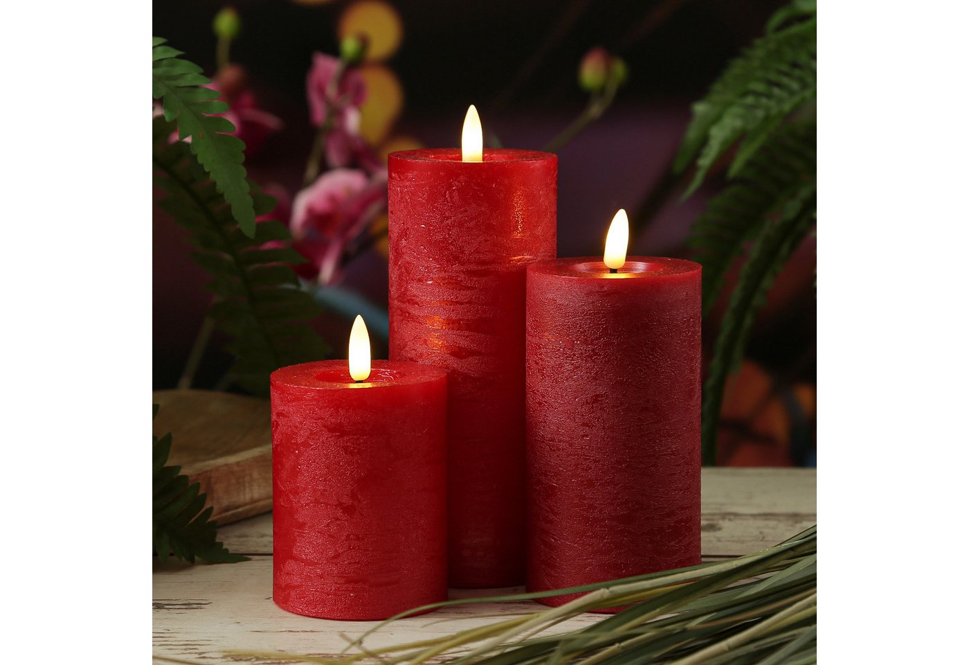 Adilina LED-Kerze Kerzenset LINA Rustik Optik für Adventskranz 3 Größen Timer rot 3St, LED Classic, warmweiß (2100K bis 3000K) Bild 3