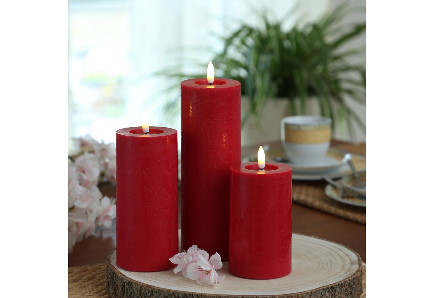 Adilina LED-Kerze Kerzenset LINA Rustik Optik für Adventskranz 3 Größen Timer rot 3St, LED Classic, warmweiß (2100K bis 3000K) Bild 4