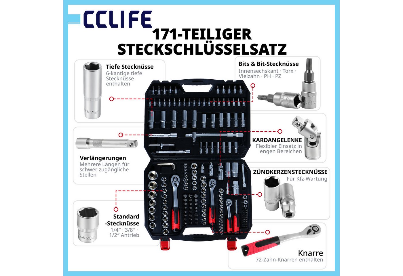 CCLIFE Steckschlüssel CCLIFE Steckschlüsselsatz, Ratschenkasten im Werkzeugkoffer (171 St)