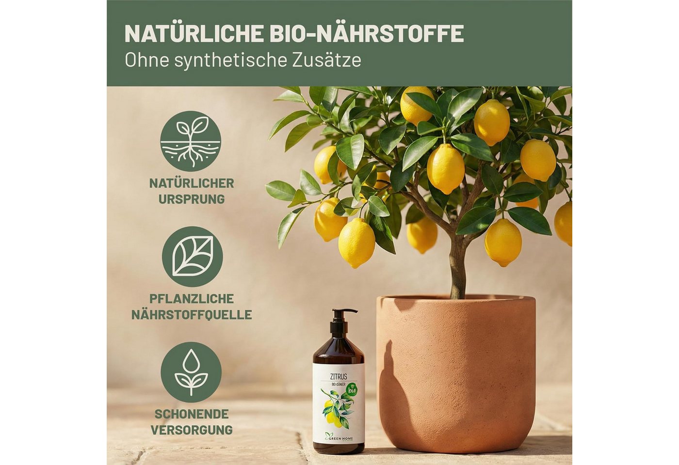 GREEN HOME LOVE NATURE Obstdünger Bio-Dünger flüssig NPK 3+2+6 für Zitrus & Zitronenbäume, Zitrus, 100 % bio, organisch-mineralisch, extra Kalium, Dosierpumpe