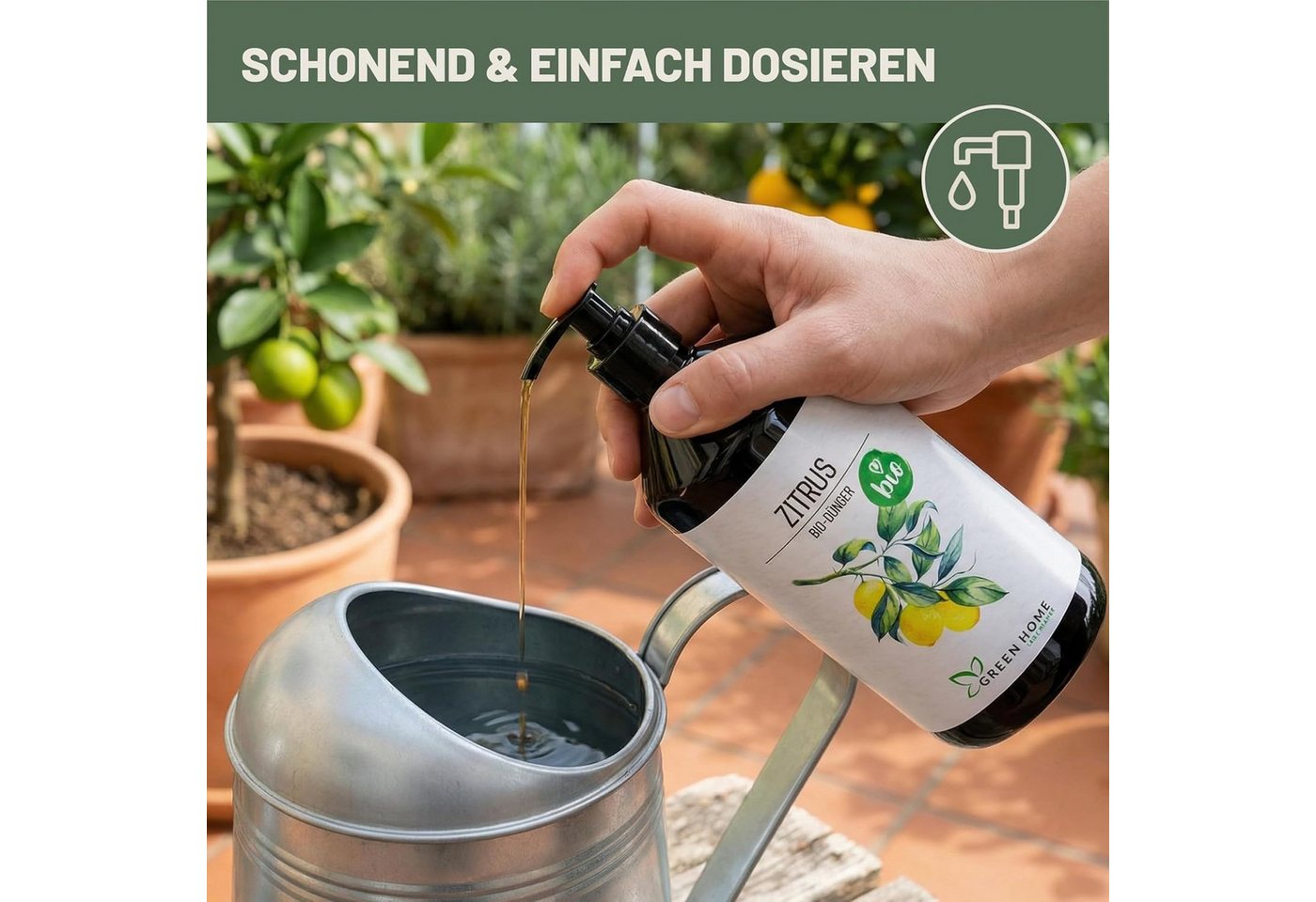 GREEN HOME LOVE NATURE Obstdünger Bio-Dünger flüssig NPK 3+2+6 für Zitrus & Zitronenbäume, Zitrus, 100 % bio, organisch-mineralisch, extra Kalium, Dosierpumpe Bild 2
