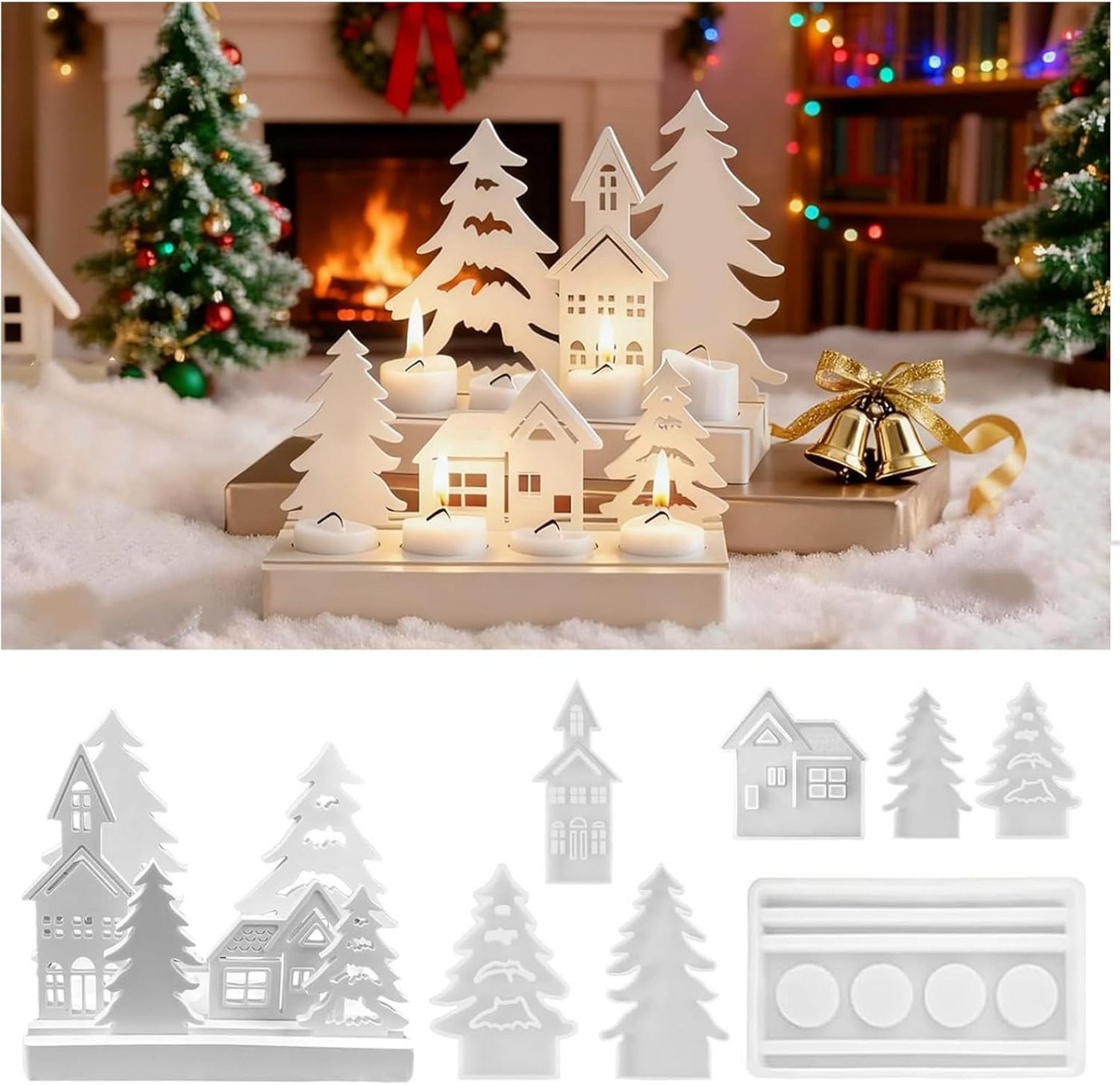 Diwzbyn Silikonform 7 Stück Weihnachts Silikonformen Gießformen, (Häuser Baum Silikonformen Gießformen Kerzenhalter Silikonform 7-tlg), Silikonform Haus Weihnachts Gießform Häuser für Gips Bild 4