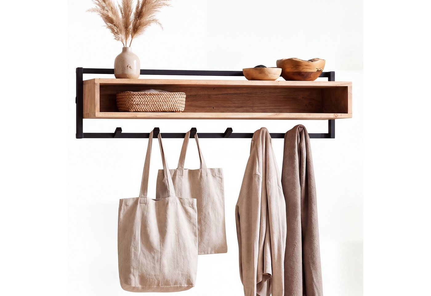 furnicato Garderobe Wandgarderobe Echtholz 90x30x20 cm Schwarz (1 St), Garderobenständer mit Ablagefach und sechs Haken für deinen Flur