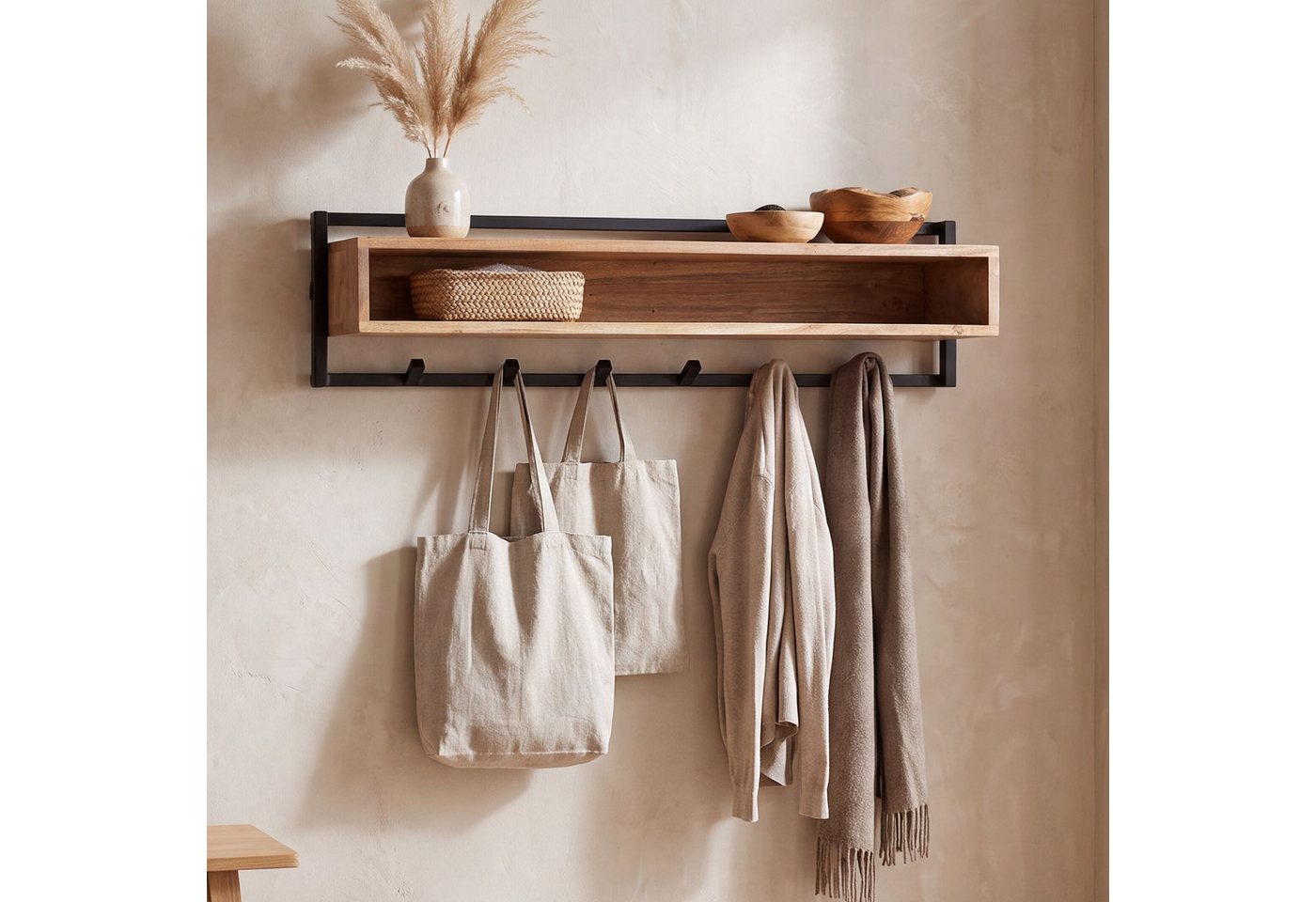 furnicato Garderobe Wandgarderobe Echtholz 90x30x20 cm Schwarz (1 St), Garderobenständer mit Ablagefach und sechs Haken für deinen Flur Bild 2