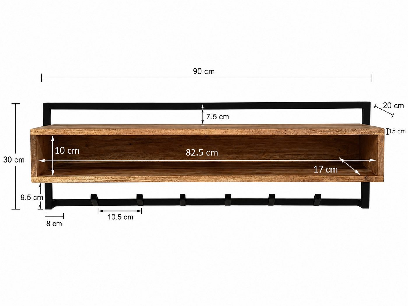 furnicato Garderobe Wandgarderobe Echtholz 90x30x20 cm Schwarz (1 St), Garderobenständer mit Ablagefach und sechs Haken für deinen Flur Bild 4