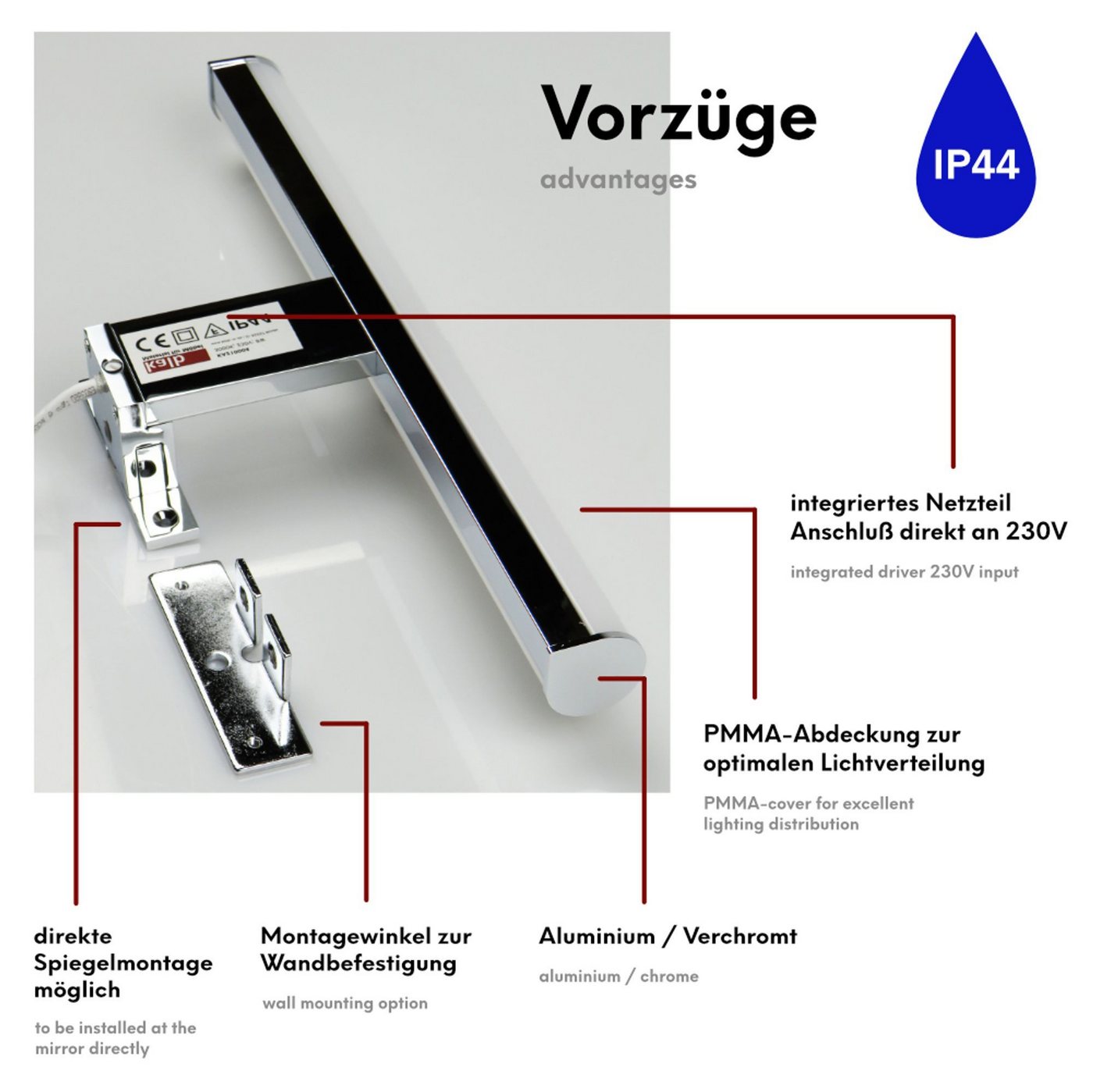 kalb LED Spiegelleuchte LED 300mm Aufbauleuchte 230V Badezimmer Leuchte verchromt, 300mm warmweiß, warmweiß