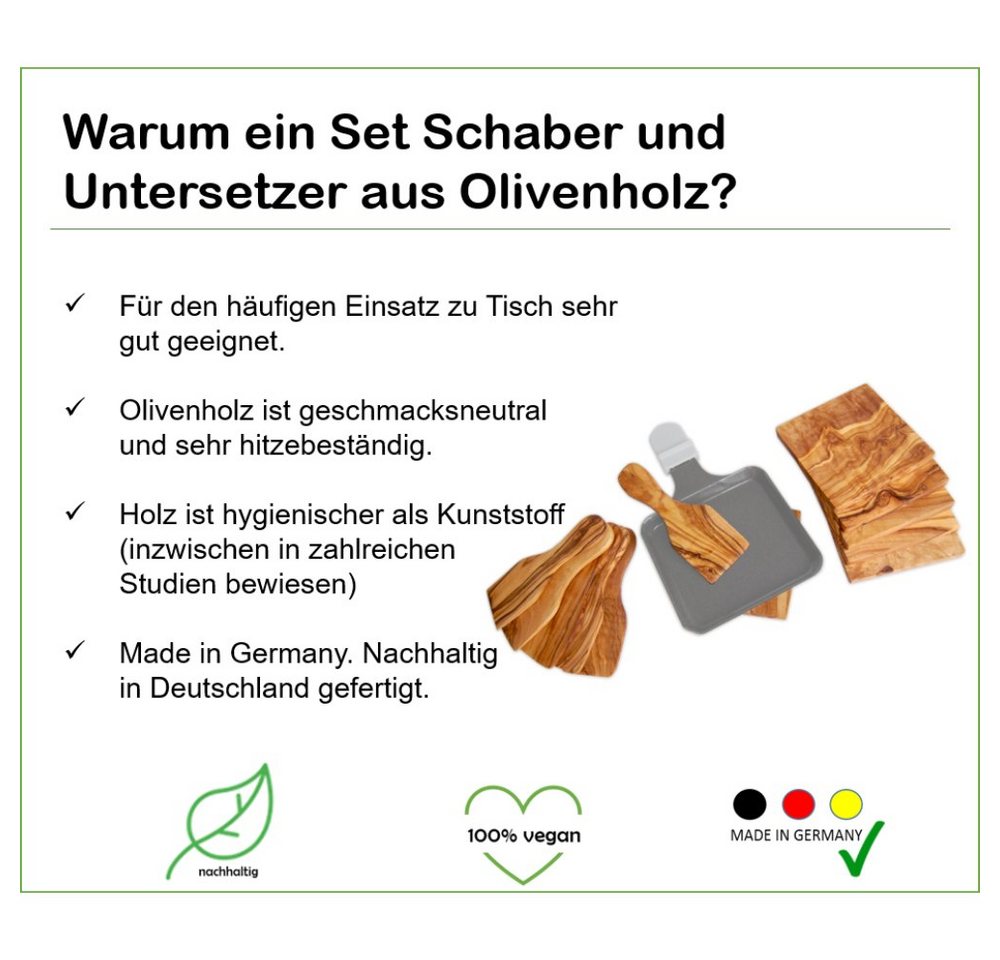 Olivenholz-erleben Grillbesteck-Set Raclette-Schaber aus Olivenholz – Pfännchen schonend, 6er Set, (Packung, 6 tlg), Beschichtungen schützen, kratzfrei wenden & schaben mit Naturholz