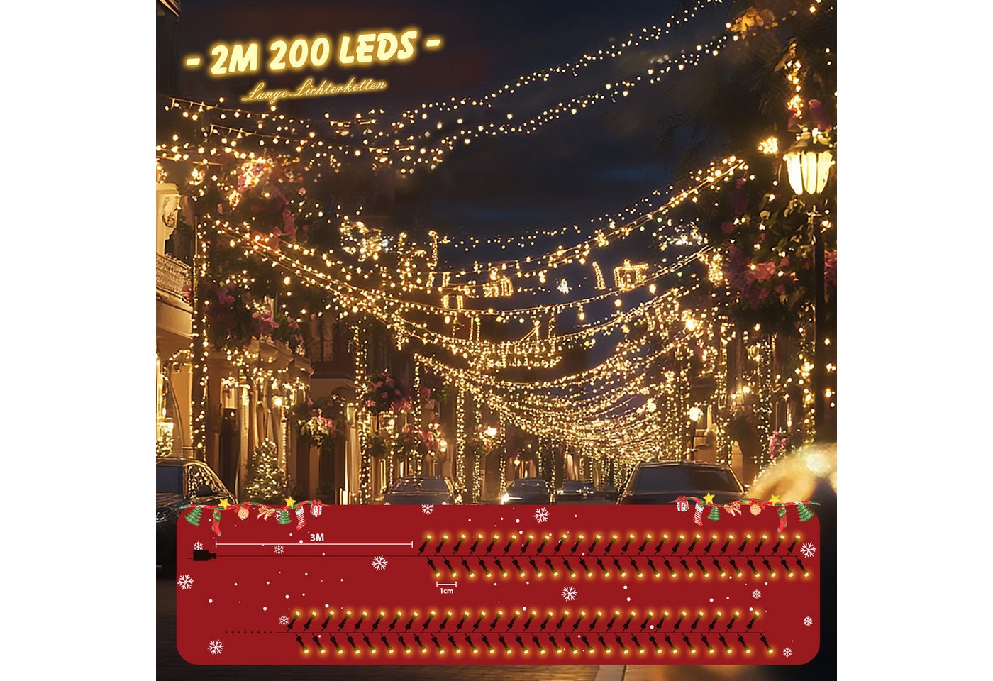 Salcar LED-Lichterkette LED Cluster Lichterkette Außen Weihnachtslichterkette Warmweiß & Bunt, 2m 200er LED 8 Modi und Memory, Christbaumbeleuchtung Bild 3