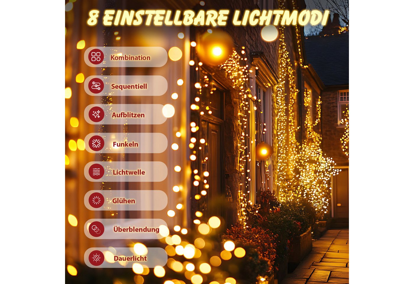 Salcar LED-Lichterkette LED Cluster Lichterkette Außen Weihnachtslichterkette Warmweiß & Bunt, 2m 200er LED 8 Modi und Memory, Christbaumbeleuchtung Bild 4