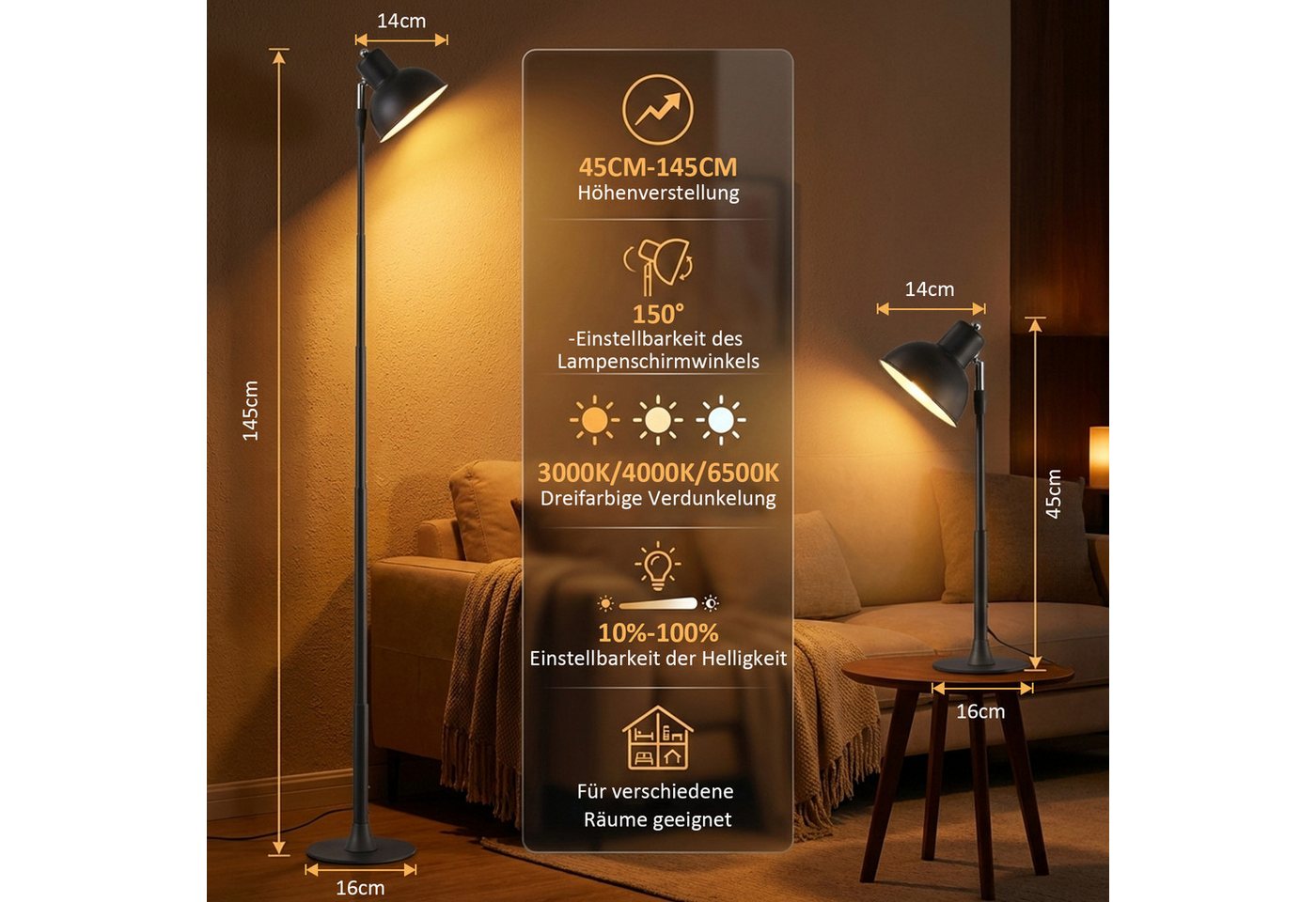 Lapalife LED Stehlampe Tischlampe Dimmbar, 3 Farbtemperatur, Lampenkopf Um 150° drehbar, LED fest integriert, Höhenverstellbar für den Einsatz beim Lesen, auf dem Boden, Metallfuß