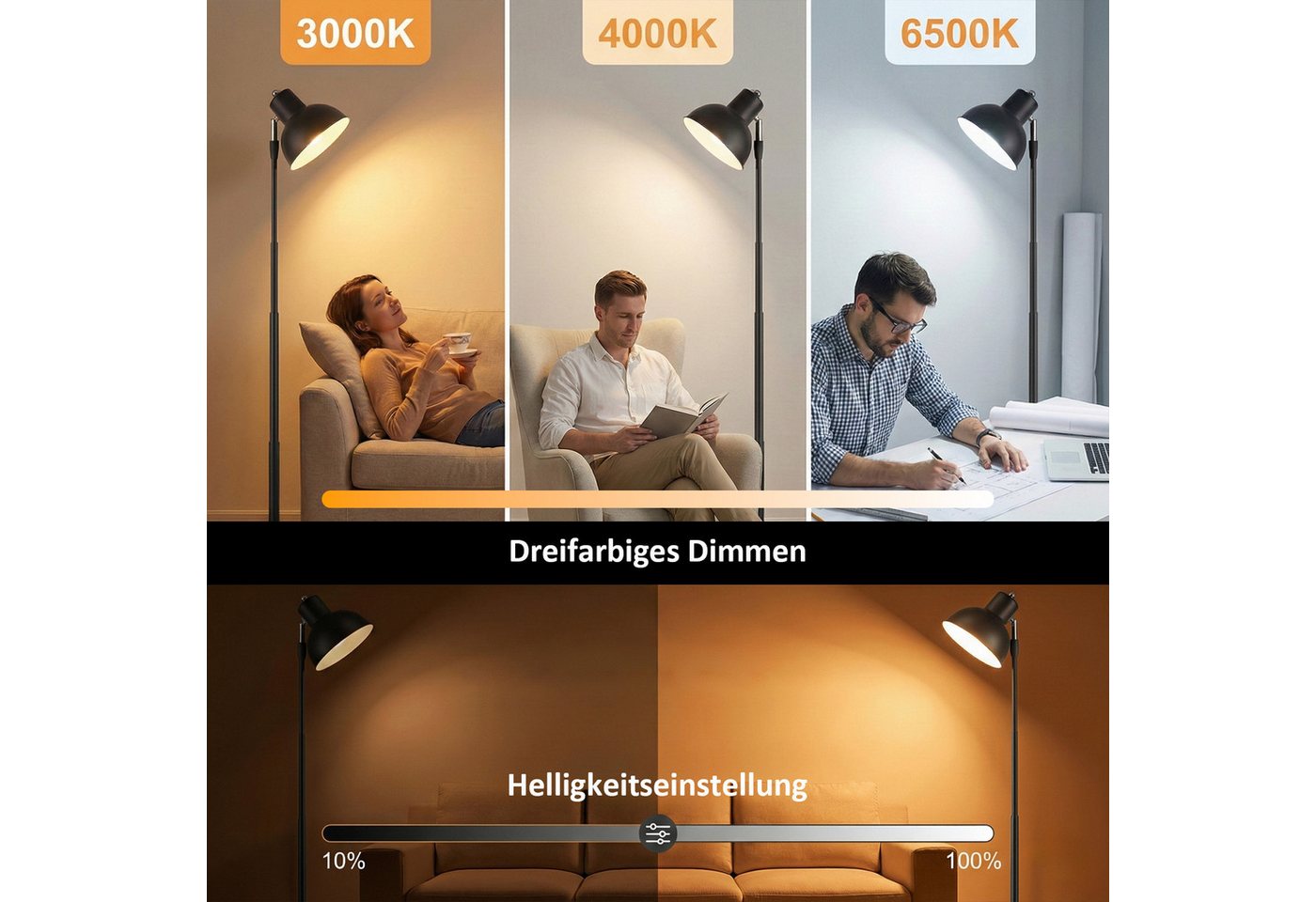 Lapalife LED Stehlampe Tischlampe Dimmbar, 3 Farbtemperatur, Lampenkopf Um 150° drehbar, LED fest integriert, Höhenverstellbar für den Einsatz beim Lesen, auf dem Boden, Metallfuß Bild 3