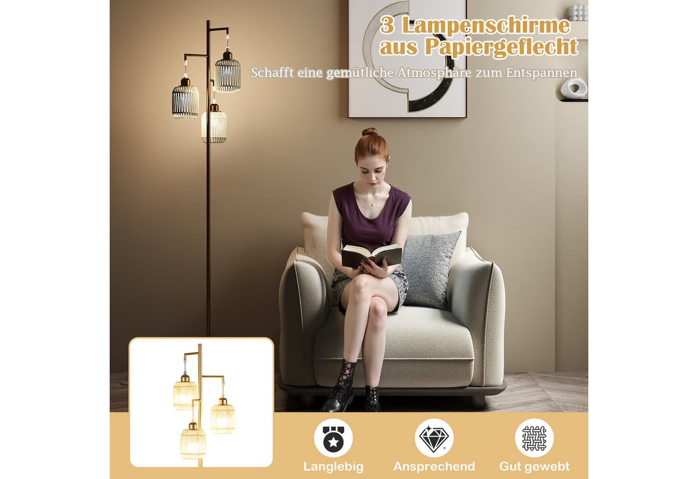 COSTWAY Stehlampe, Leselampe wohnzimmer dimmbar, Stehleuchte modern