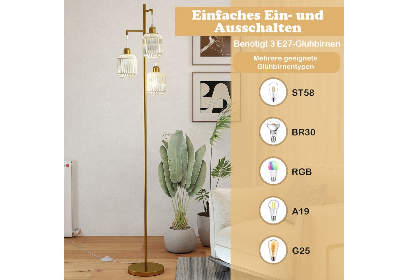 COSTWAY Stehlampe, Leselampe wohnzimmer dimmbar, Stehleuchte modern Bild 2