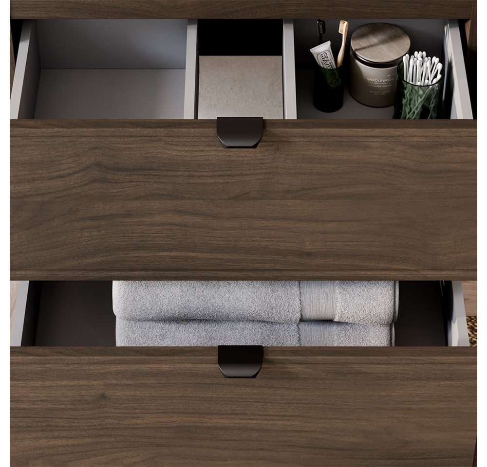 Lomadox Badmöbel-Set TEMUCO-56-WALNUT, (Spar-Set, 3-St., LED-Spiegel Waschtisch Hochschrank), in Walnuss mit Rahmenfräsung, wandhängend Bild 3