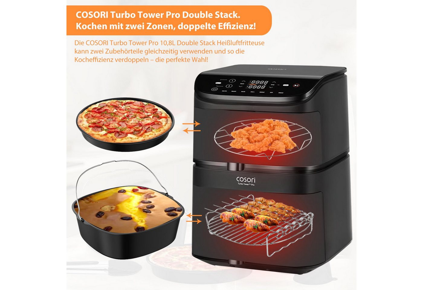 SURFOU Backform 11-tlg. Airfryer Zubehör Set für Cosori Turbo Tower Pro 5,6–7,3L, (Heißluftfritteuse Zubehör für Philips Airfryer XXL,Ninja MAX PRO AF180EU, Zubehörset mit Backform, Pizzapfanne, Grillrost, Spießständer, Silikonform, 50x Backpapier und Küchenhelfern 11-tlg), Antihaftbeschichtung, leicht zu reinigen, spülmaschinengeeignet