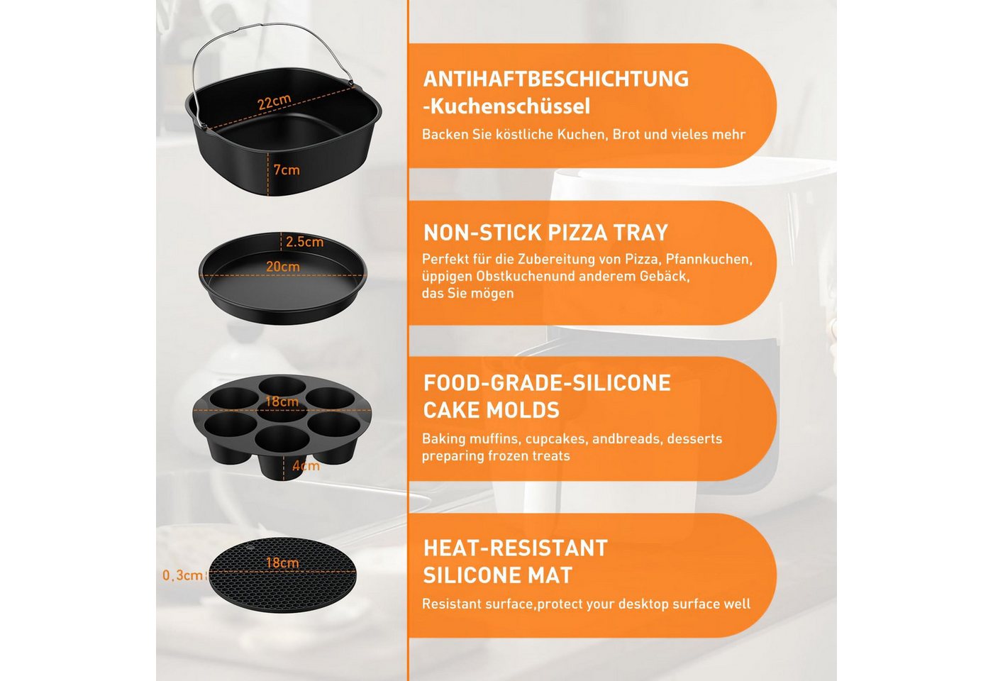 SURFOU Backform 11-tlg. Airfryer Zubehör Set für Cosori Turbo Tower Pro 5,6–7,3L, (Heißluftfritteuse Zubehör für Philips Airfryer XXL,Ninja MAX PRO AF180EU, Zubehörset mit Backform, Pizzapfanne, Grillrost, Spießständer, Silikonform, 50x Backpapier und Küchenhelfern 11-tlg), Antihaftbeschichtung, leicht zu reinigen, spülmaschinengeeignet Bild 2