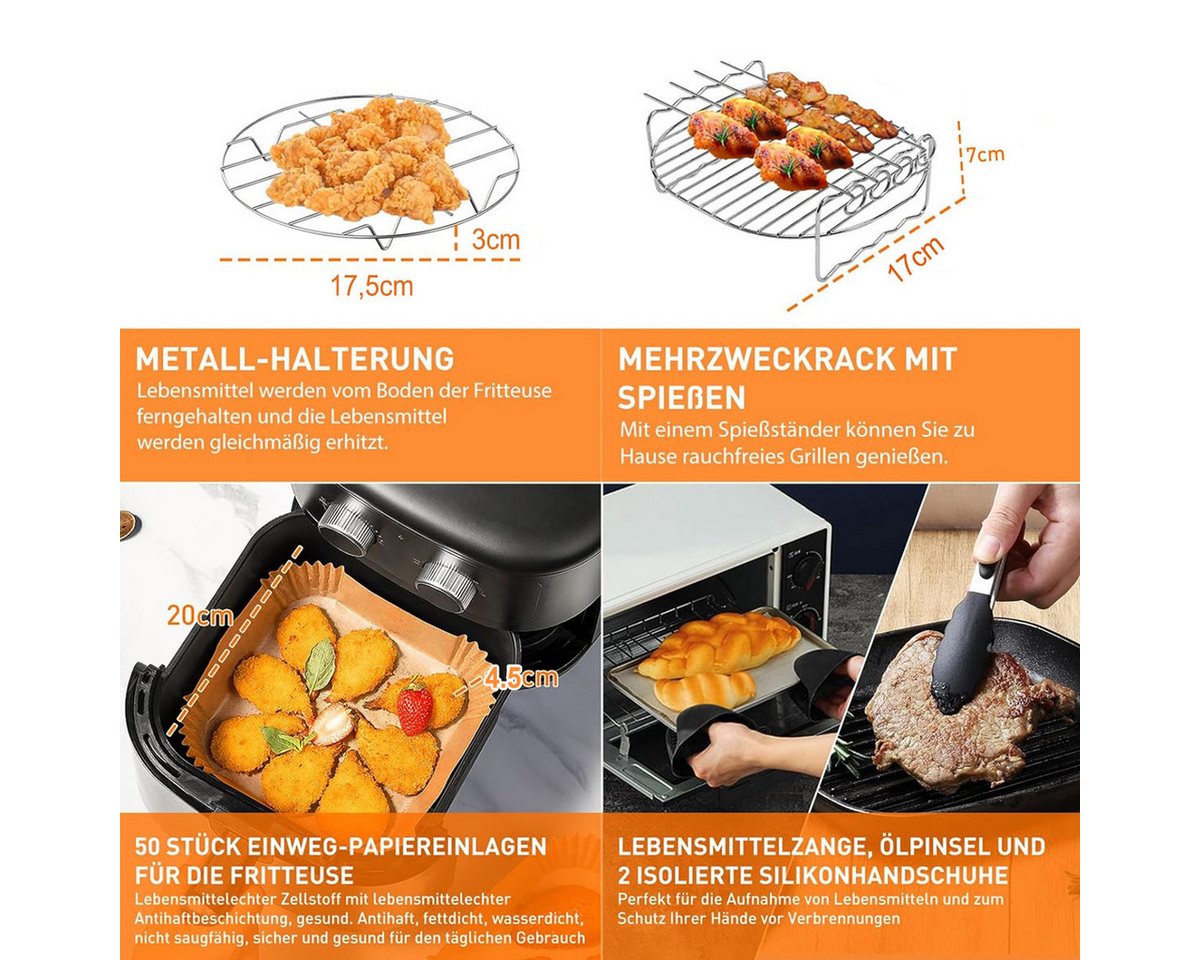 SURFOU Backform 11-tlg. Airfryer Zubehör Set für Cosori Turbo Tower Pro 5,6–7,3L, (Heißluftfritteuse Zubehör für Philips Airfryer XXL,Ninja MAX PRO AF180EU, Zubehörset mit Backform, Pizzapfanne, Grillrost, Spießständer, Silikonform, 50x Backpapier und Küchenhelfern 11-tlg), Antihaftbeschichtung, leicht zu reinigen, spülmaschinengeeignet Bild 3