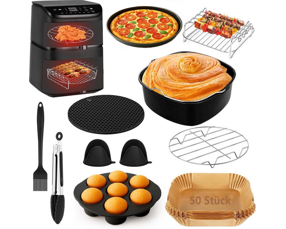 SURFOU Backform 11-tlg. Airfryer Zubehör Set für Cosori Turbo Tower Pro 5,6–7,3L, (Heißluftfritteuse Zubehör für Philips Airfryer XXL,Ninja MAX PRO AF180EU, Zubehörset mit Backform, Pizzapfanne, Grillrost, Spießständer, Silikonform, 50x Backpapier und Küchenhelfern 11-tlg), Antihaftbeschichtung, leicht zu reinigen, spülmaschinengeeignet Bild 4