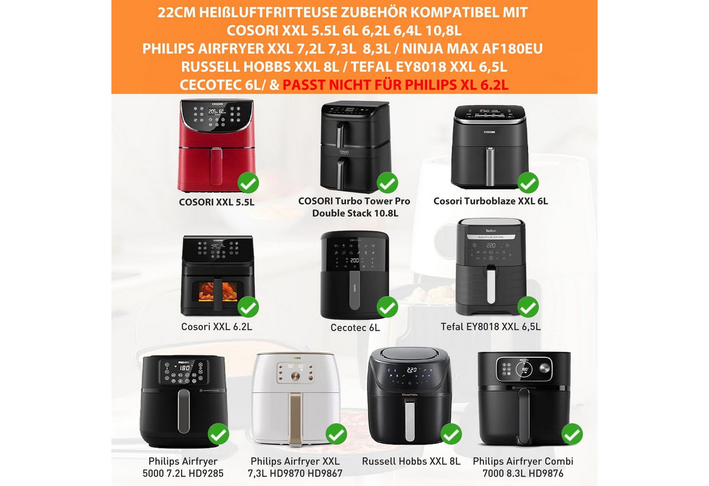 SURFOU Backform 11-tlg. Airfryer Zubehör Set für Cosori Turbo Tower Pro 5,6–7,3L, (Heißluftfritteuse Zubehör für Philips Airfryer XXL,Ninja MAX PRO AF180EU, Zubehörset mit Backform, Pizzapfanne, Grillrost, Spießständer, Silikonform, 50x Backpapier und Küchenhelfern 11-tlg), Antihaftbeschichtung, leicht zu reinigen, spülmaschinengeeignet Bild 5