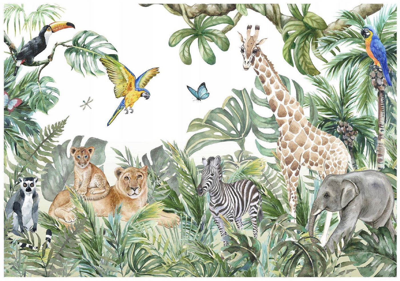 Wallarena Fototapete Kinder Vlies Tiere Dschungel Blätter Grün Kinderzimmer 300x210 cm, glatt, 300 x 210 cm