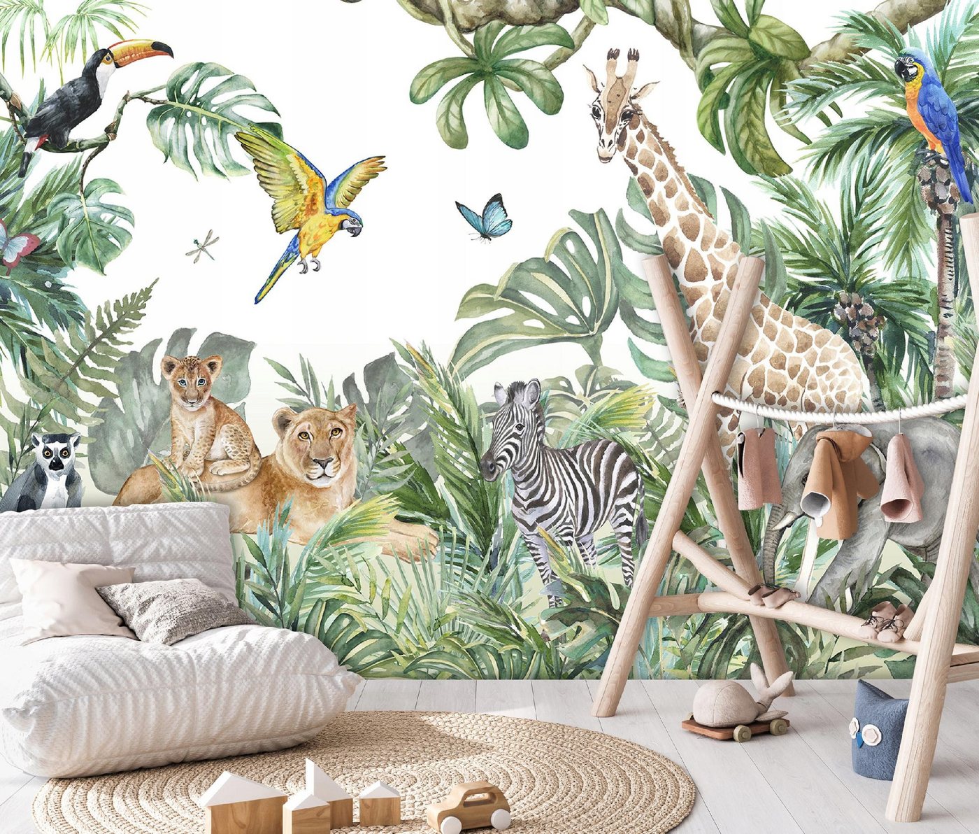 Wallarena Fototapete Kinder Vlies Tiere Dschungel Blätter Grün Kinderzimmer 300x210 cm, glatt, 300 x 210 cm Bild 5