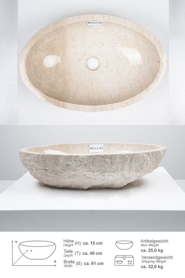 wohnfreuden Aufsatzwaschbecken Erosi Marmor Waschbecken 60 cm creme (Kein Set), 102276_MCaL4.165 Bild 2