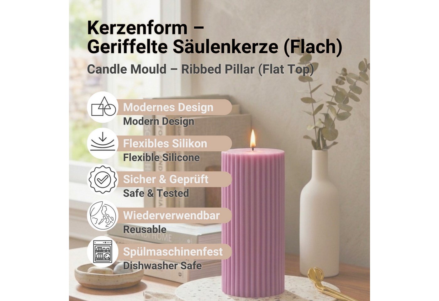 DistrEbution Silikonform Kerzengießform Geriffelte Säulenkerze, Kerzenform aus Silikon für Kerzen, strukturierte Säulenform, flexibel Bild 3