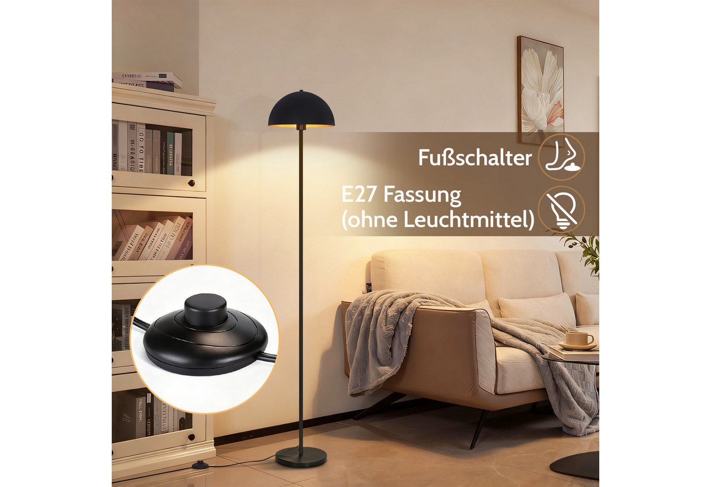 ZMH Stehlampe 170 cm Schwarz-Gold, moderne Stehleuchte aus Metall, E27, Fußschalter, ohne Leuchtmittel, Bodenlampe für Wohnzimmer, Schlafzimmer und Leseecke