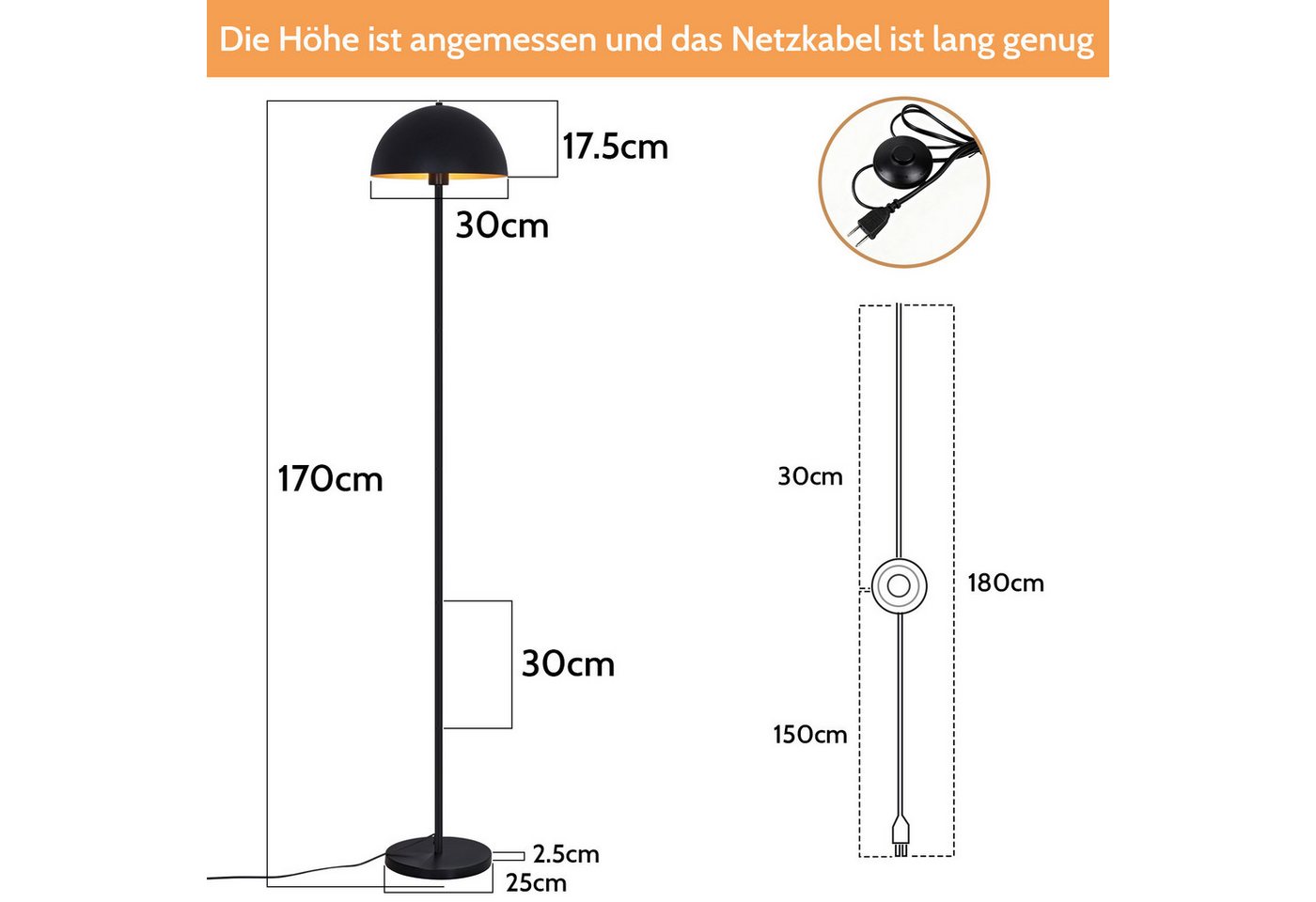 ZMH Stehlampe 170 cm Schwarz-Gold, moderne Stehleuchte aus Metall, E27, Fußschalter, ohne Leuchtmittel, Bodenlampe für Wohnzimmer, Schlafzimmer und Leseecke Bild 3