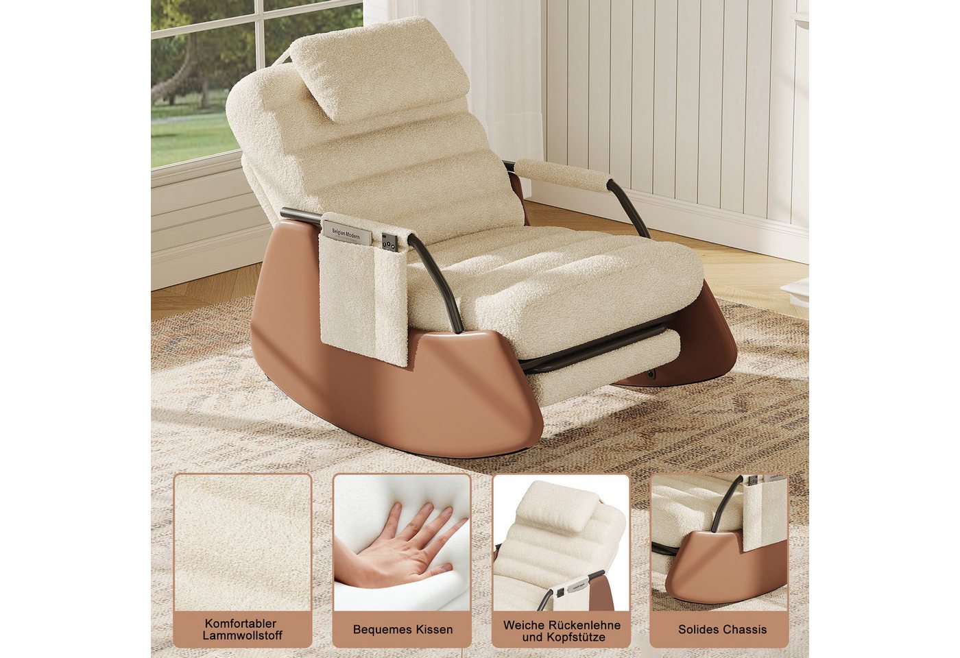 BELUPAI Schaukelstuhl Polster Schaukelsessel, (Set, 1 St), mit Fußstütze und 3-stufia verstellbare Rückenlehne,Teddystoff,Beige Bild 2