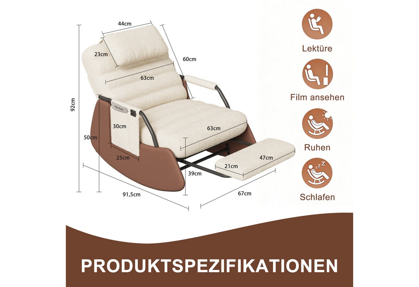 BELUPAI Schaukelstuhl Polster Schaukelsessel, (Set, 1 St), mit Fußstütze und 3-stufia verstellbare Rückenlehne,Teddystoff,Beige Bild 4