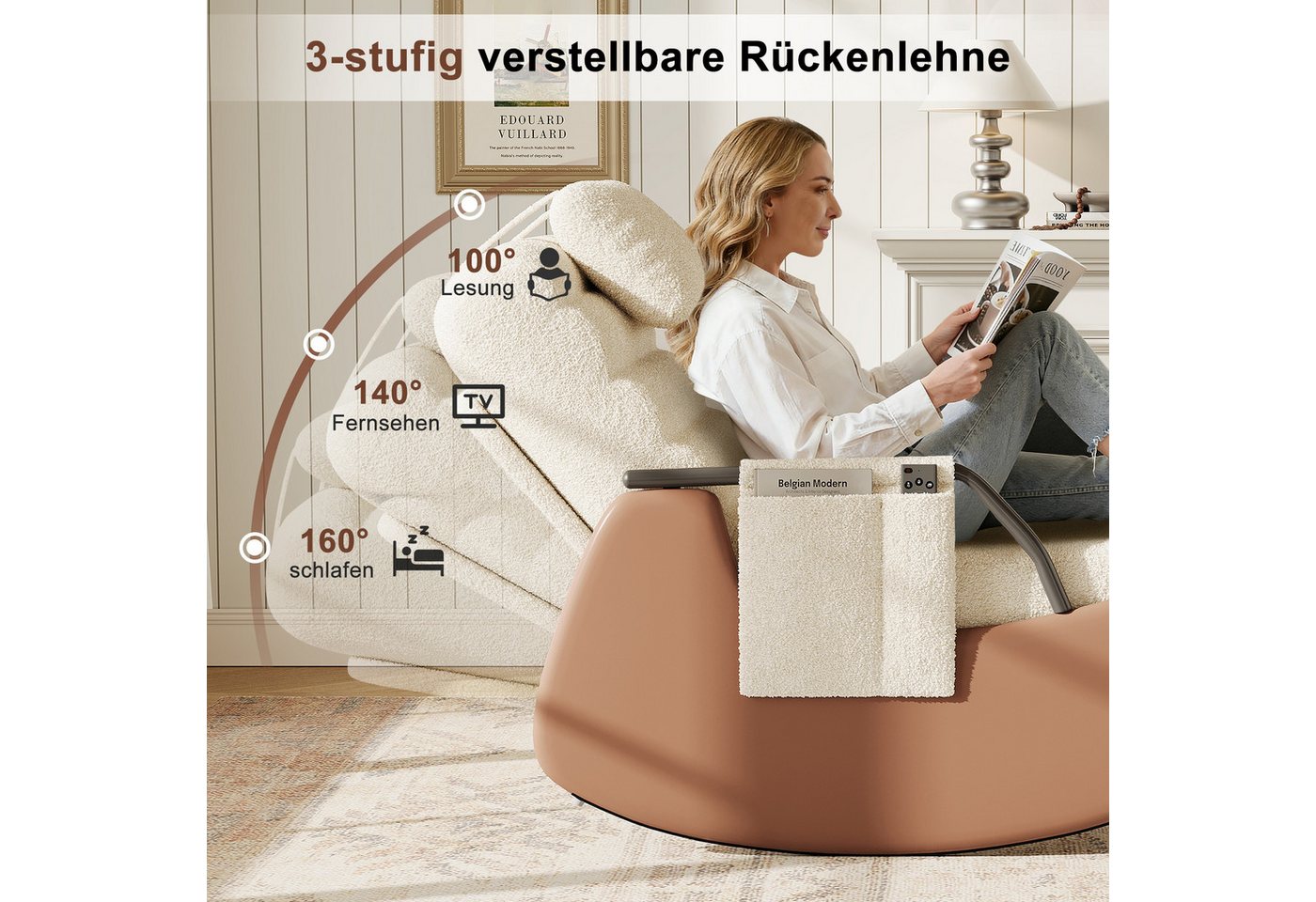 BELUPAI Schaukelstuhl Polster Schaukelsessel, (Set, 1 St), mit Fußstütze und 3-stufia verstellbare Rückenlehne,Teddystoff,Beige Bild 5