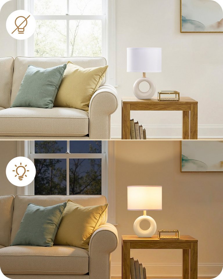 EDISHINE Nachttischlampe Keramik-Tischlampe, elegante und moderne Nachttischlampe, LED wechselbar, warmweiß, mit Stoffschirm, E14-Leuchtmittel inklusive, 2700K Warmweiß Bild 2