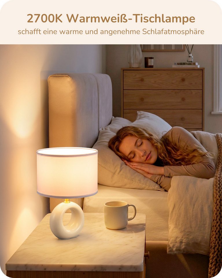 EDISHINE Nachttischlampe Keramik-Tischlampe, elegante und moderne Nachttischlampe, LED wechselbar, warmweiß, mit Stoffschirm, E14-Leuchtmittel inklusive, 2700K Warmweiß Bild 4