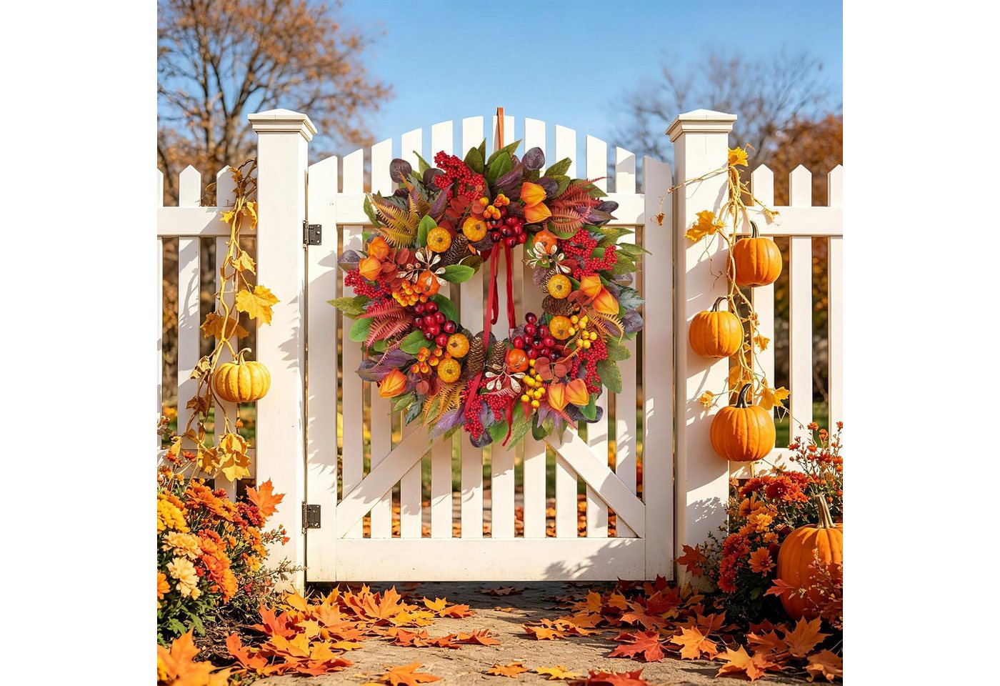 Bomiclss Dekokranz HerbstTürkranz Künstlicher Ahorn Tannenzapfen für Halloween Erntedank, Außen Innen Dekoration für Haustür Wand Fenster Hochzeit Party Bild 5