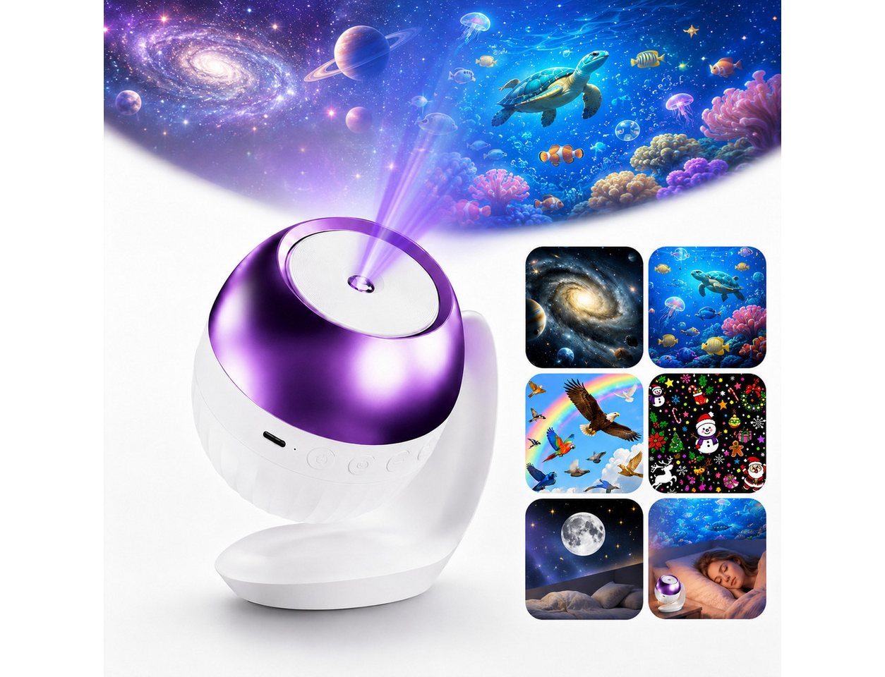 OYLCDI Projektionslampe Sternenhimmel Projektor Nachtlicht, 24 Projektionsmotive, 4 Themen, 7 beruhigende Klänge, 60/90 Min. Timer, USB-C, für Kinderzimmer