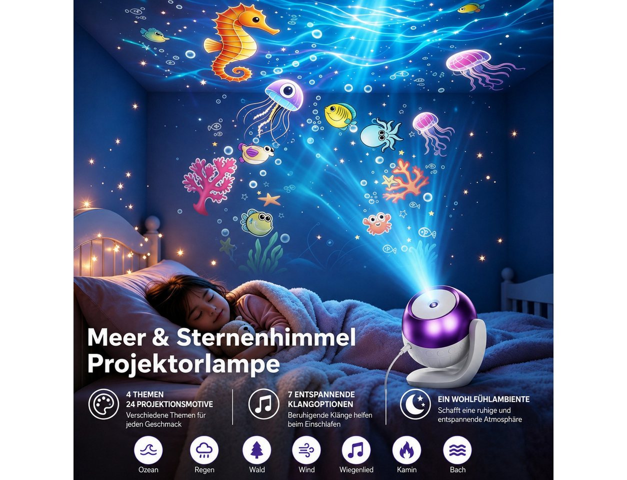 OYLCDI Projektionslampe Sternenhimmel Projektor Nachtlicht, 24 Projektionsmotive, 4 Themen, 7 beruhigende Klänge, 60/90 Min. Timer, USB-C, für Kinderzimmer Bild 3