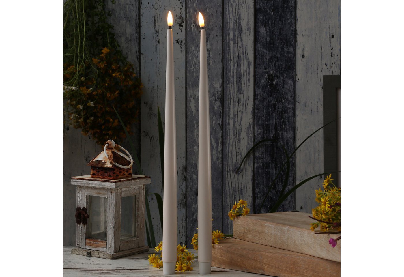 Deluxe Homeart LED-Kerze LED Stabkerzen ELLA Deluxe Lack Tafelkerze flackernd H: 38cm creme 2St, LED Classic, warmweiß (2100K bis 3000K)
