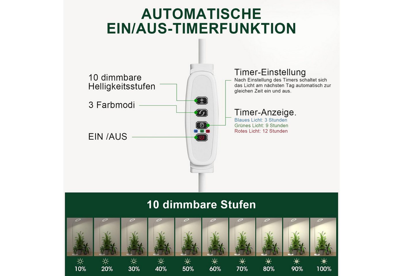 LMaxhome Pflanzenlampe LED Vollspektrum Wachstumslicht 25-155CM Höhenverstellbar mit 72 LEDs, ohne EU-Adapter, LED wechselbar, 3 Licht-Modi, 10 Helligkeit Dimmbar, 3/9/12H Timer, 1000lm, Verstellbare Höhe, mit Sockel und Erdspieß, Pflanzenlicht für Große Pflanzen, Garten, Gewächshäuser Bild 3