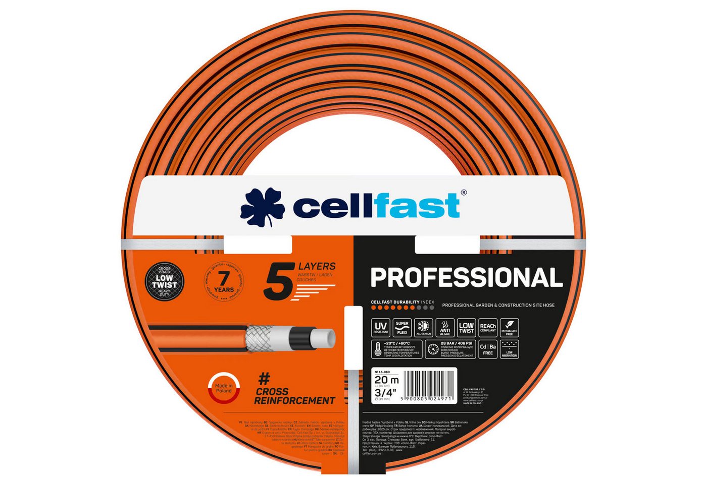 Cellfast Gartenschlauch Professional Gartenschlauch 3/4'', UV-beständig und algenabweisend